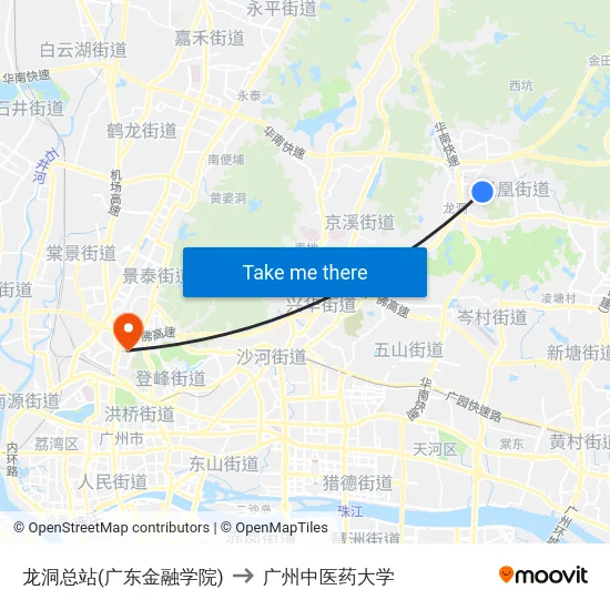 龙洞总站(广东金融学院) to 广州中医药大学 map