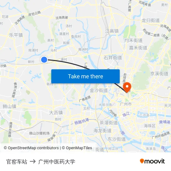 官窑车站 to 广州中医药大学 map