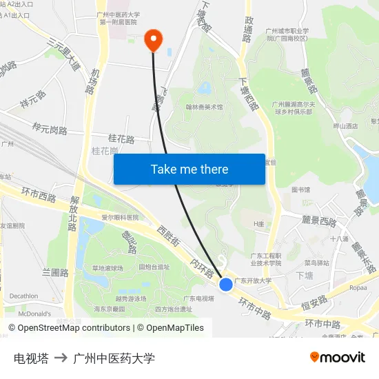 电视塔 to 广州中医药大学 map