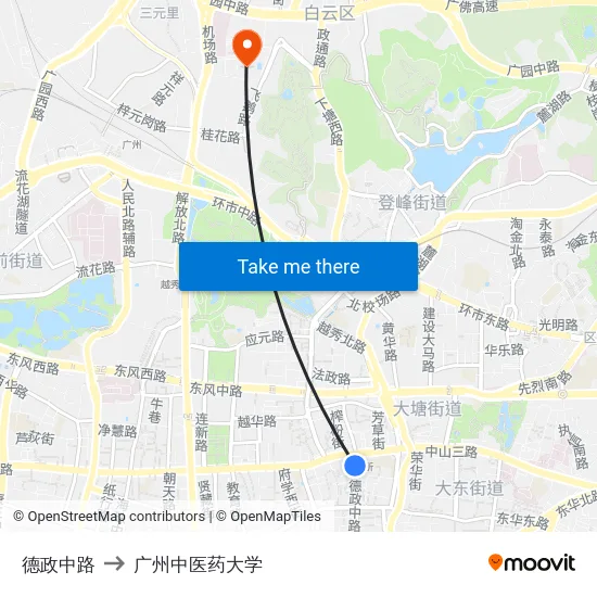 德政中路 to 广州中医药大学 map