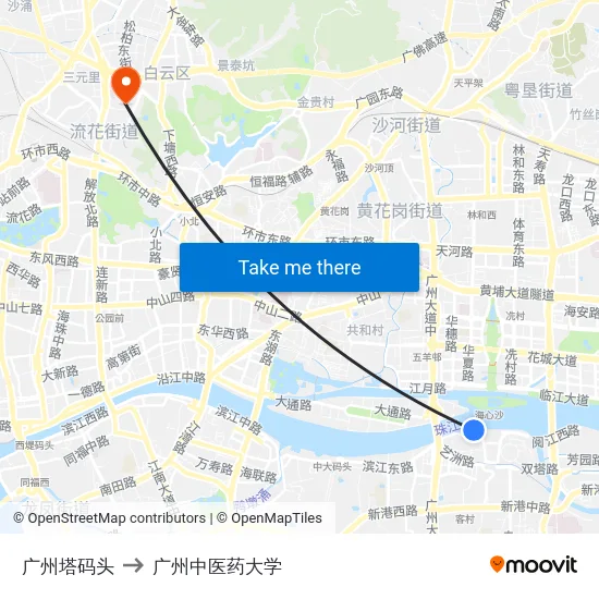 广州塔码头 to 广州中医药大学 map