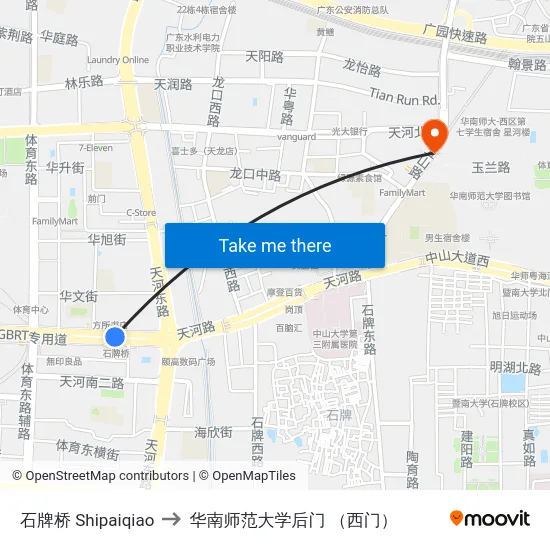 石牌桥 Shipaiqiao to 华南师范大学后门 （西门） map