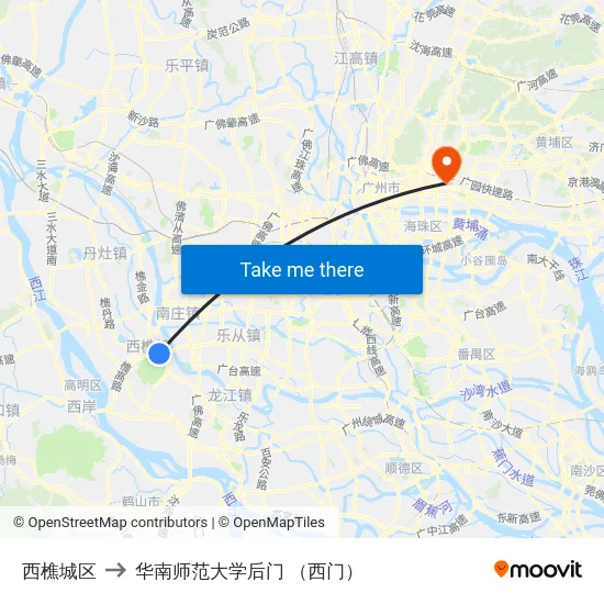 西樵城区 to 华南师范大学后门 （西门） map