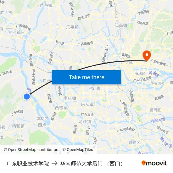 广东职业技术学院 to 华南师范大学后门 （西门） map