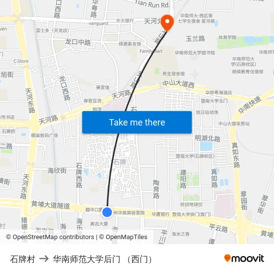 石牌村 to 华南师范大学后门 （西门） map