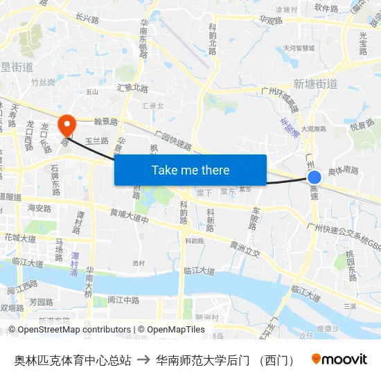 奥林匹克体育中心总站 to 华南师范大学后门 （西门） map