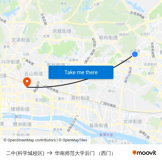二中(科学城校区) to 华南师范大学后门 （西门） map