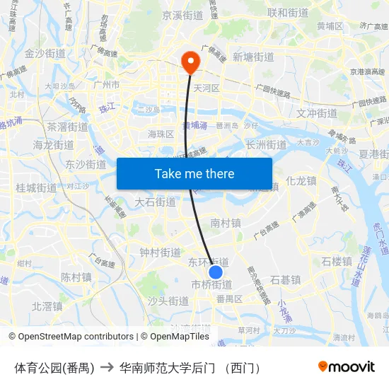 体育公园(番禺) to 华南师范大学后门 （西门） map