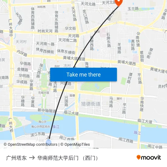 广州塔东 to 华南师范大学后门 （西门） map