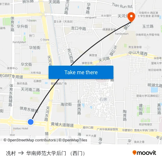 冼村 to 华南师范大学后门 （西门） map