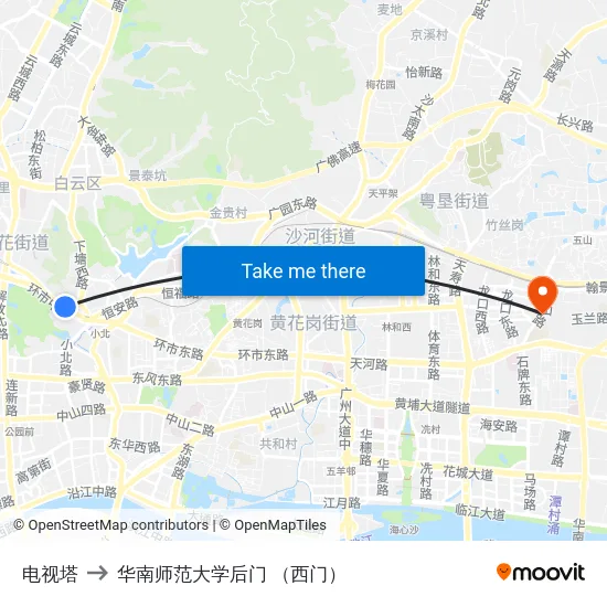 电视塔 to 华南师范大学后门 （西门） map