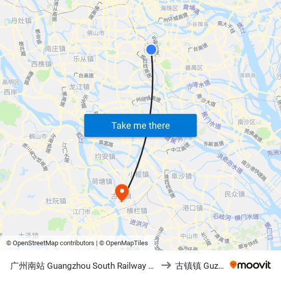 广州南站 Guangzhou South Railway Station to 古镇镇 Guzhen map