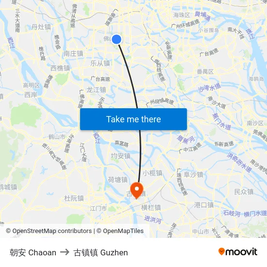 朝安 Chaoan to 古镇镇 Guzhen map
