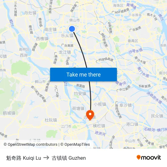 魁奇路 Kuiqi Lu to 古镇镇 Guzhen map