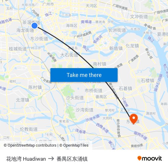 花地湾 Huadiwan to 番禺区东涌镇 map