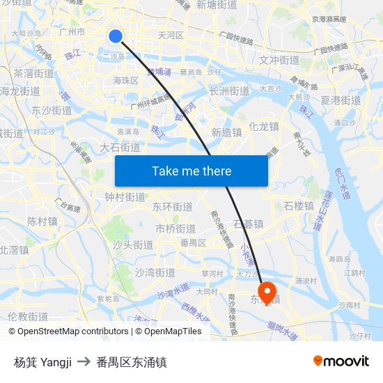 杨箕 Yangji to 番禺区东涌镇 map