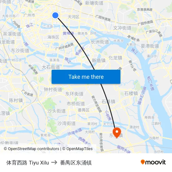 体育西路 Tiyu Xilu to 番禺区东涌镇 map