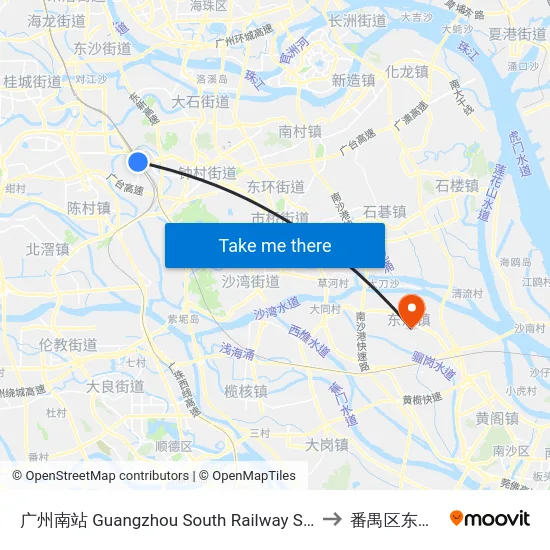 广州南站 Guangzhou South Railway Station to 番禺区东涌镇 map