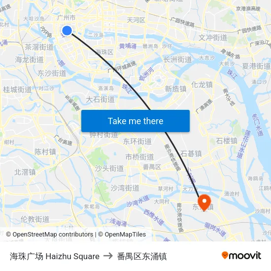 海珠广场 Haizhu Square to 番禺区东涌镇 map