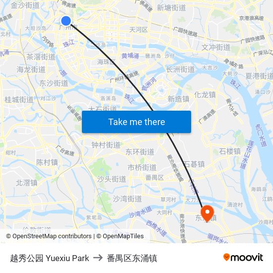 越秀公园 Yuexiu Park to 番禺区东涌镇 map