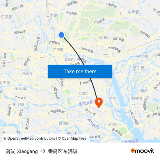 萧岗 Xiaogang to 番禺区东涌镇 map