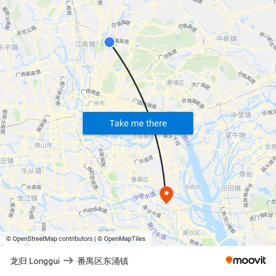 龙归 Longgui to 番禺区东涌镇 map