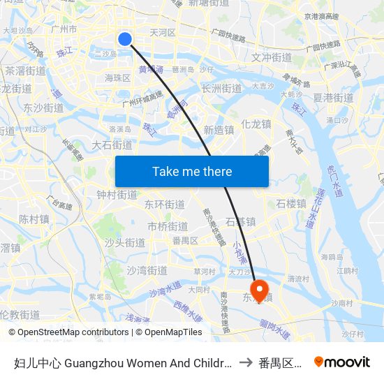 妇儿中心 Guangzhou Women And Children's Medical Center to 番禺区东涌镇 map