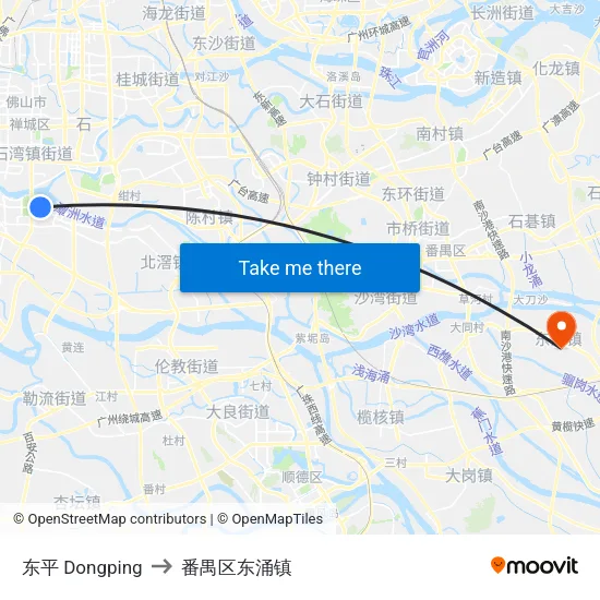 东平 Dongping to 番禺区东涌镇 map
