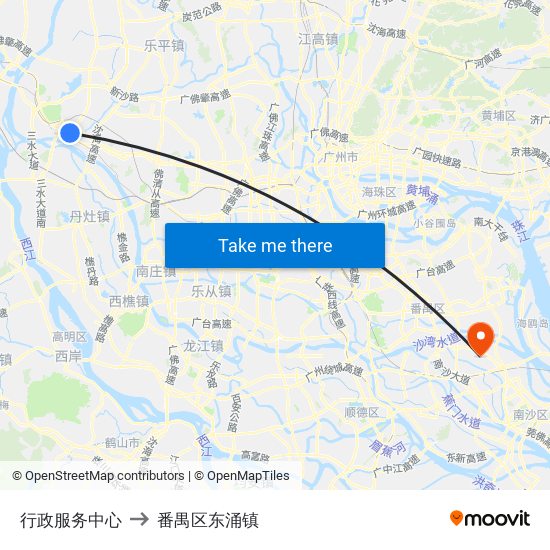 行政服务中心 to 番禺区东涌镇 map