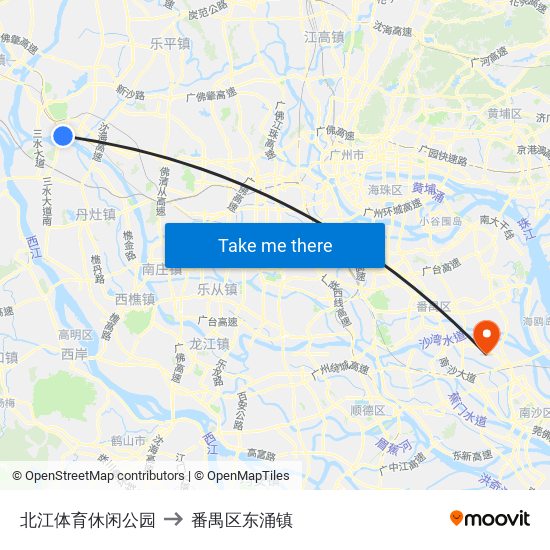 北江体育休闲公园 to 番禺区东涌镇 map