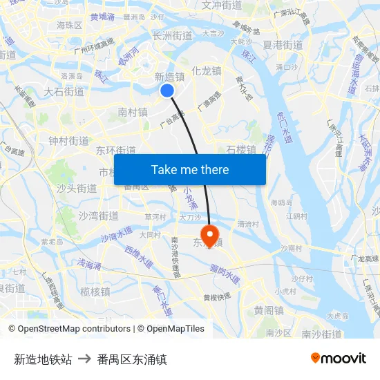 新造地铁站 to 番禺区东涌镇 map