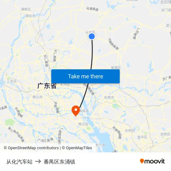 从化汽车站 to 番禺区东涌镇 map