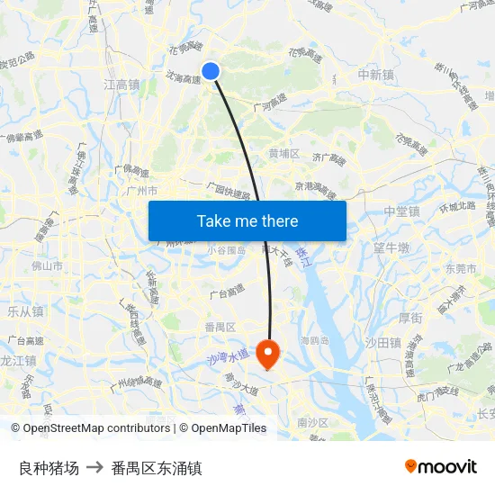 良种猪场 to 番禺区东涌镇 map