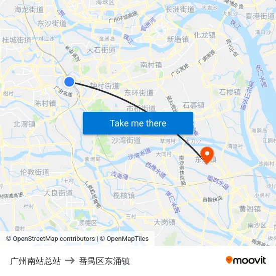 广州南站总站 to 番禺区东涌镇 map