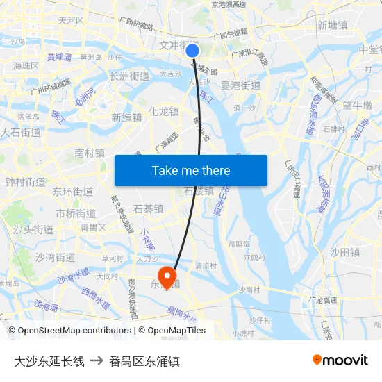大沙东延长线 to 番禺区东涌镇 map