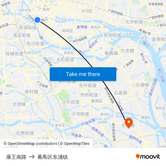 康王南路 to 番禺区东涌镇 map