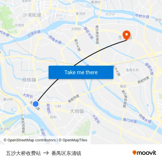 五沙大桥收费站 to 番禺区东涌镇 map