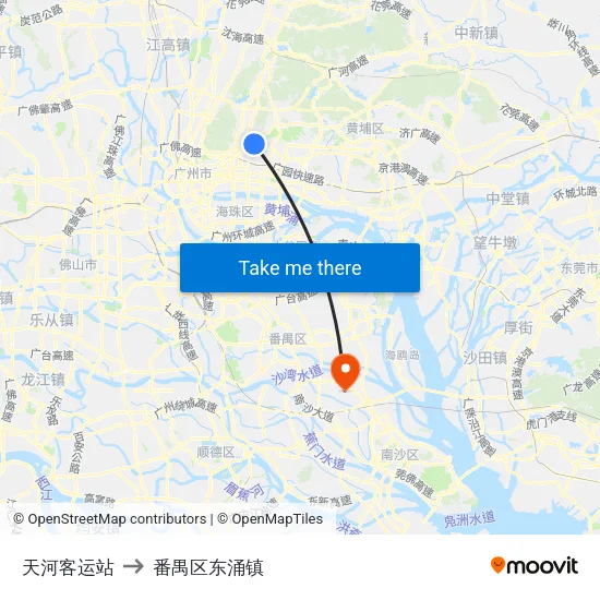 天河客运站 to 番禺区东涌镇 map