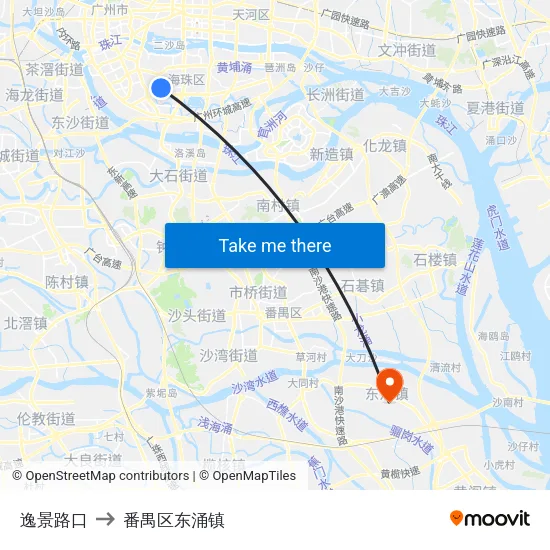 逸景路口 to 番禺区东涌镇 map