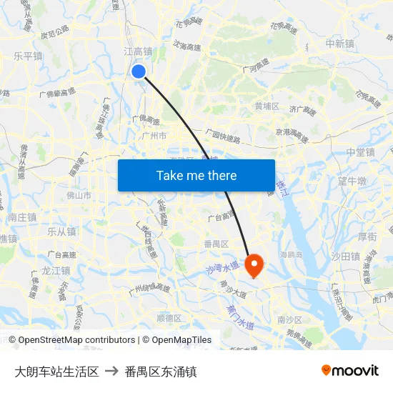 大朗车站生活区 to 番禺区东涌镇 map