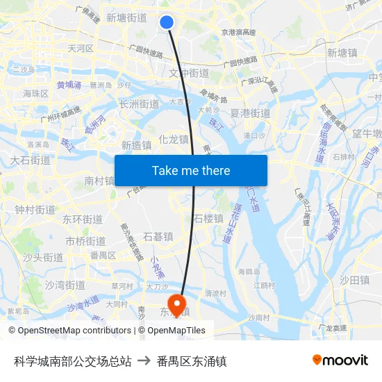 科学城南部公交场总站 to 番禺区东涌镇 map