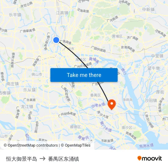 恒大御景半岛 to 番禺区东涌镇 map