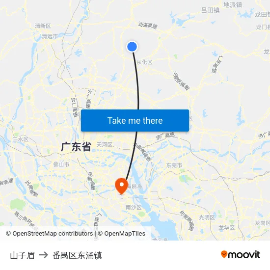 山子眉 to 番禺区东涌镇 map