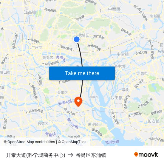 开泰大道(科学城商务中心) to 番禺区东涌镇 map