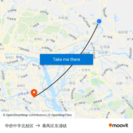 华侨中学北校区 to 番禺区东涌镇 map