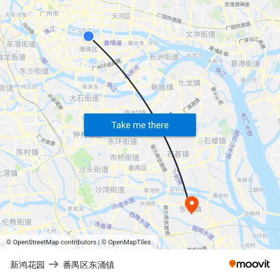 新鸿花园 to 番禺区东涌镇 map