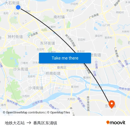 地铁大石站 to 番禺区东涌镇 map
