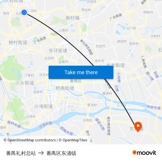番禺礼村总站 to 番禺区东涌镇 map