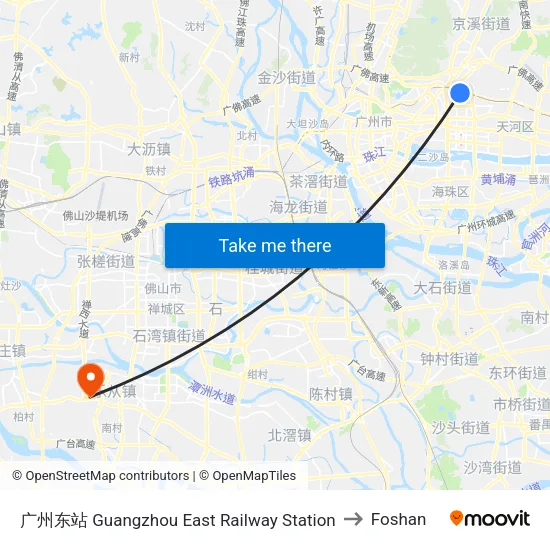 Guangzhou East Railway Station to Foshan map