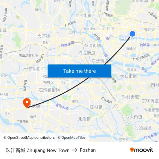 Zhujiang New Town to Foshan map